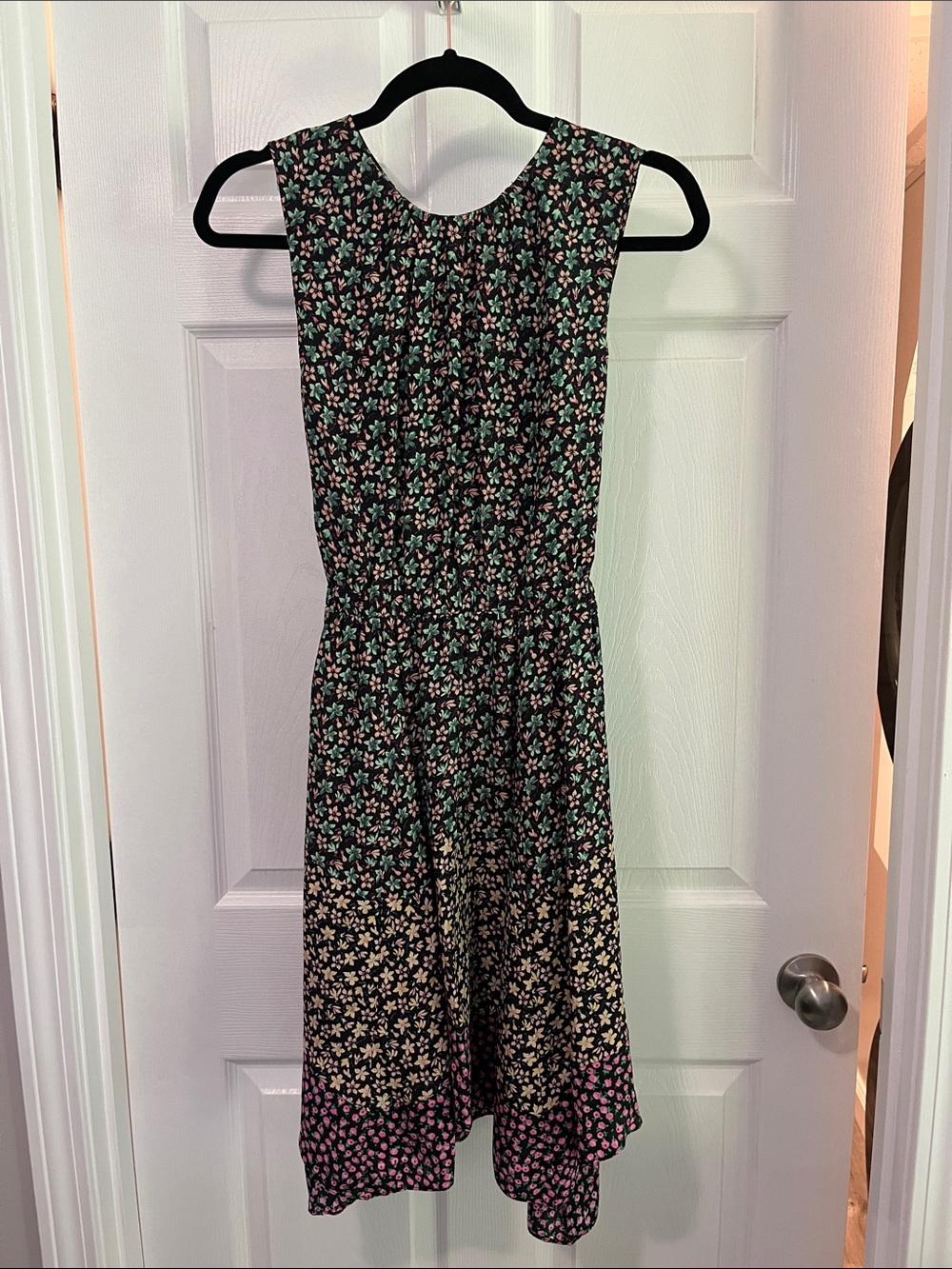 Rebecca Taylor Black Floral Midi Dress with Pink and Green Accents